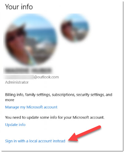 Switch Microsoft account to local account